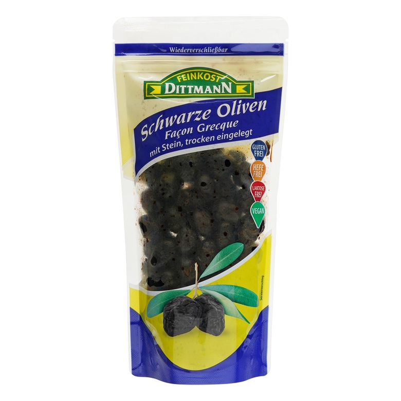 FEINKOST DITTMANN SCHWARZE OLIVEN MIT STEIN TROCKEN EINGELEGT 250G